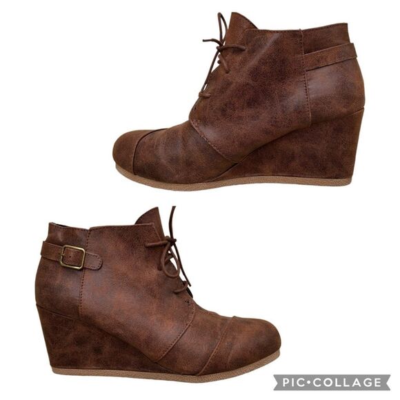 Maurices Cheri Lace Up Wedge Heel Ankle Bootie Brown Distressed Cognac Size 11 - Picture 4 of 10